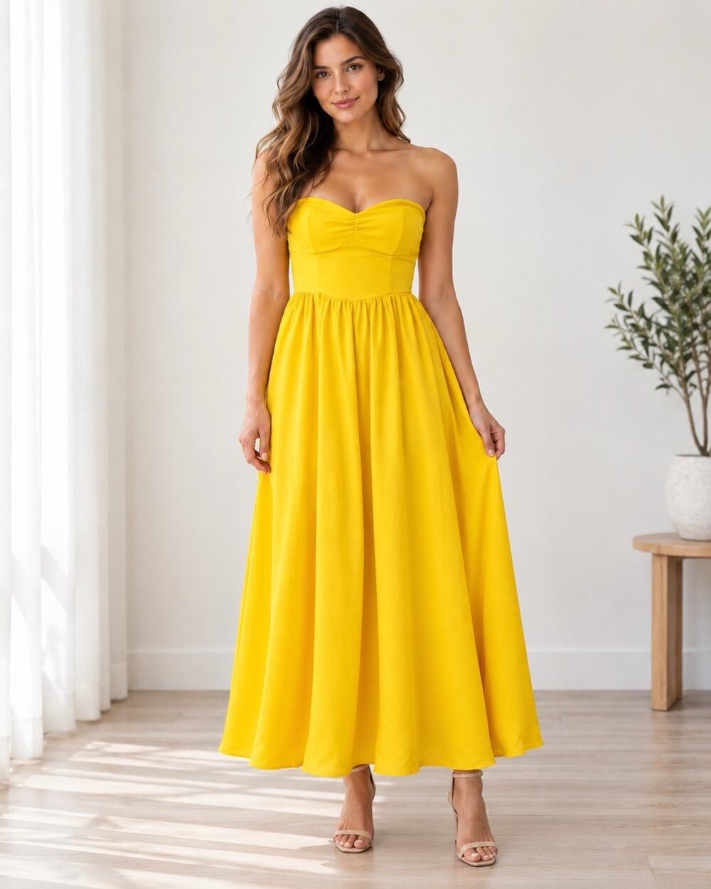 Women’s Yellow Strapless Corset Bustier Maxi Dress Size S